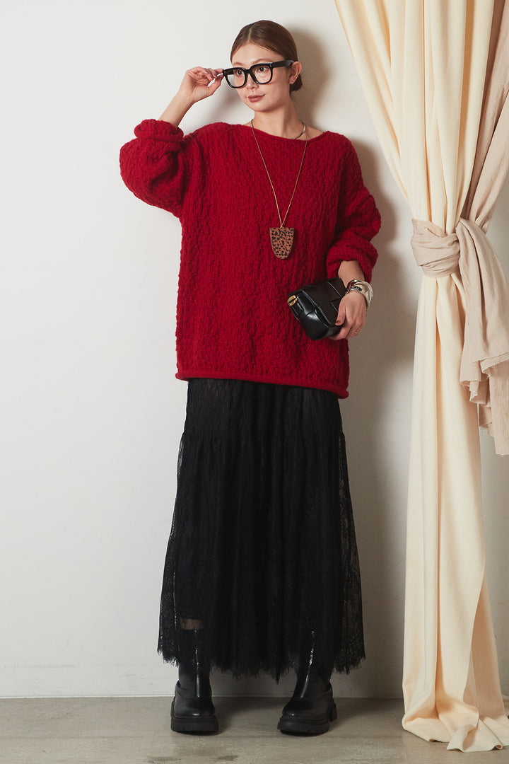 [SET]ボリューム編みニットプルオーバー+ひげレース切替ロング丈スカート(2set)