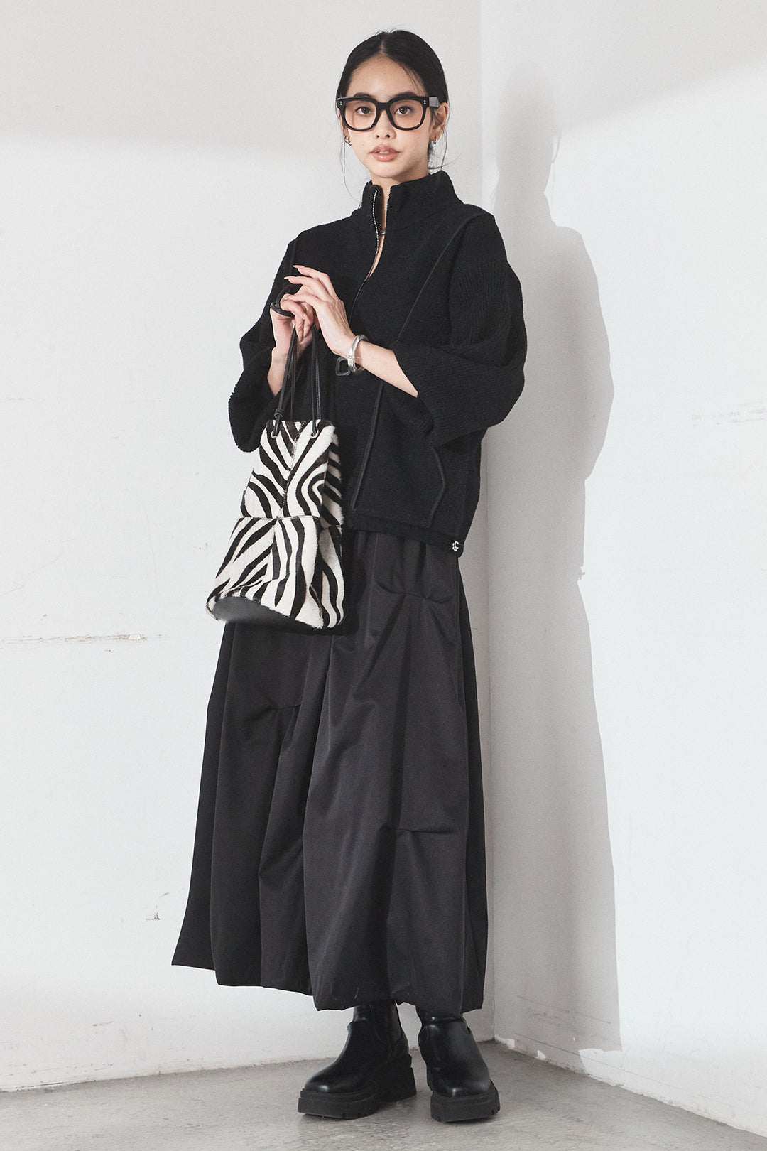 [SET]ハイネックパイピングデザインブルゾン+ランダムタックバルーンスカート(2set)