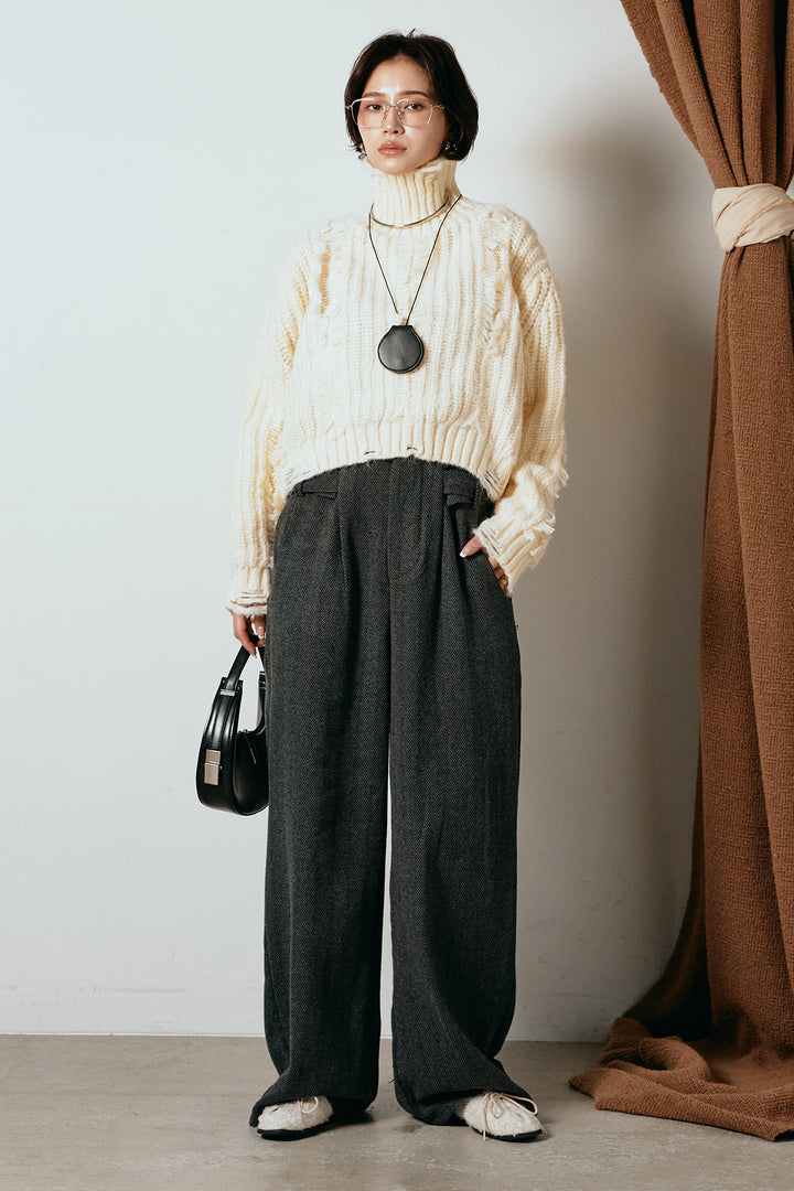 [SET]フリンジタートルショートニット+クラシックヘリンボーンサロペット(2set)