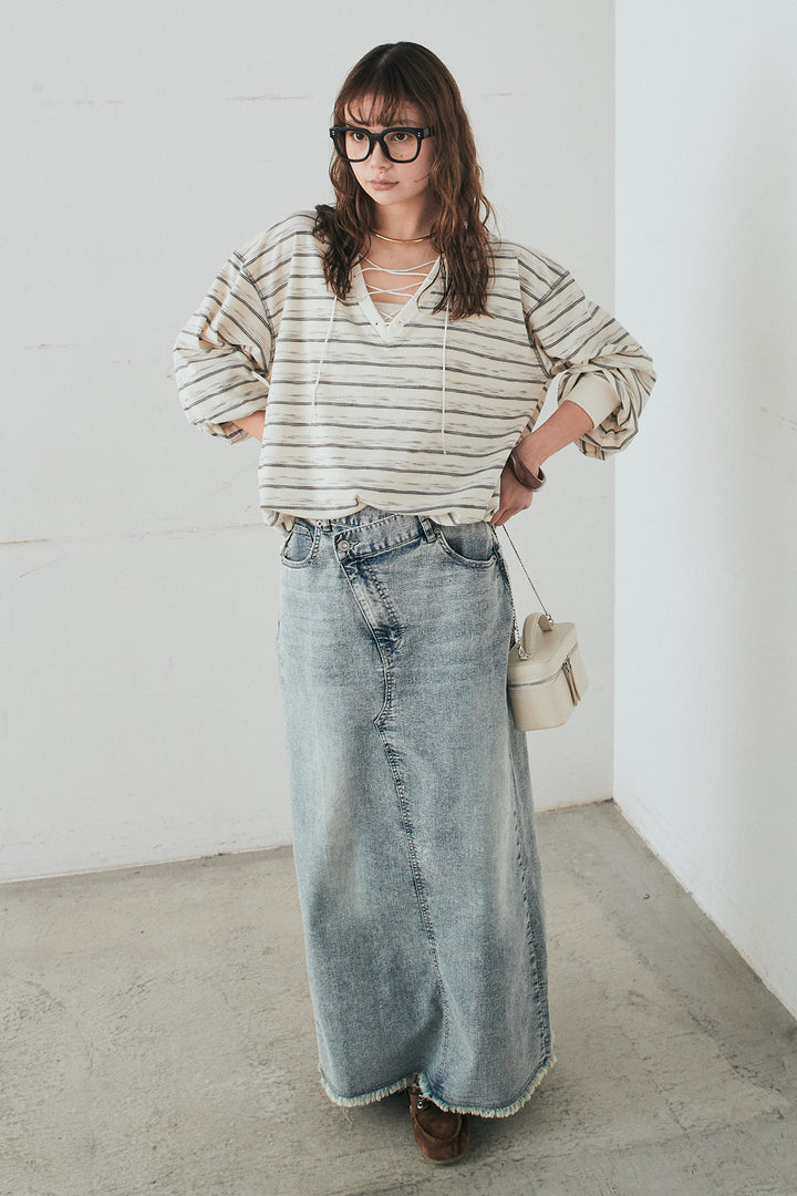 [SET]レースアップワッフルボーダートップス+ウエストクロスデニムタイトスカート(2set)