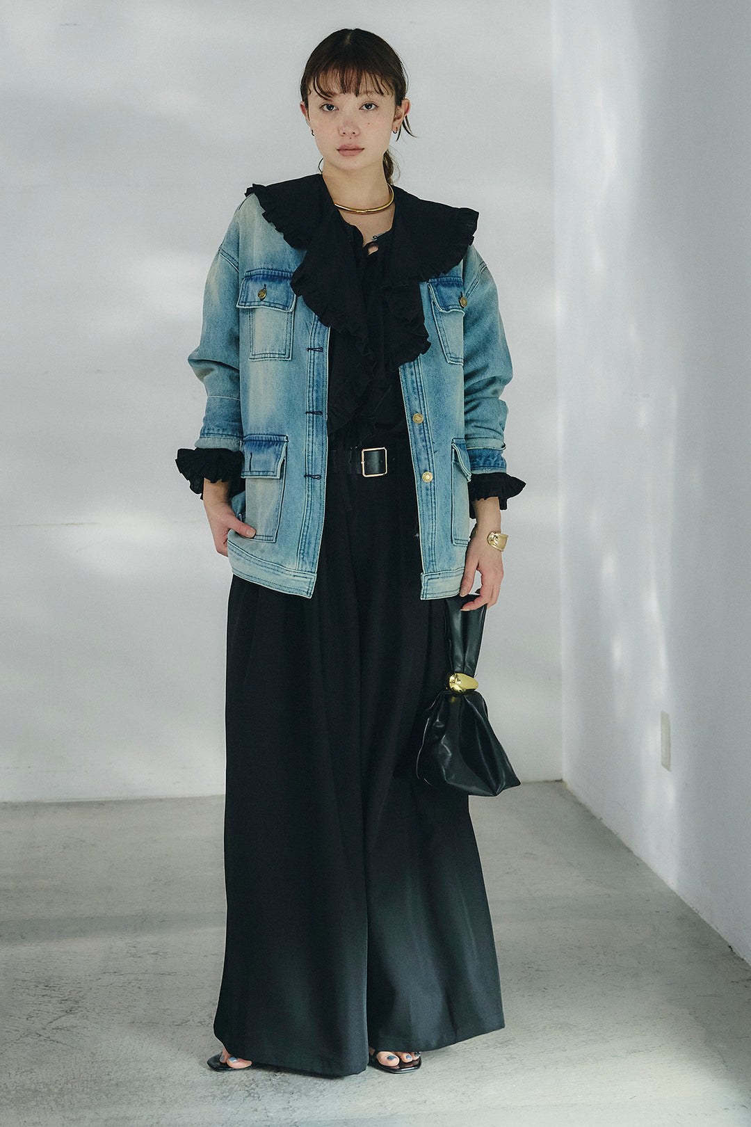 [SET]ノーカラーデニムポケットジャケット+コットンフリルブラウス+ベルト付きタックデザインハイウエストロングパンツ(3set)