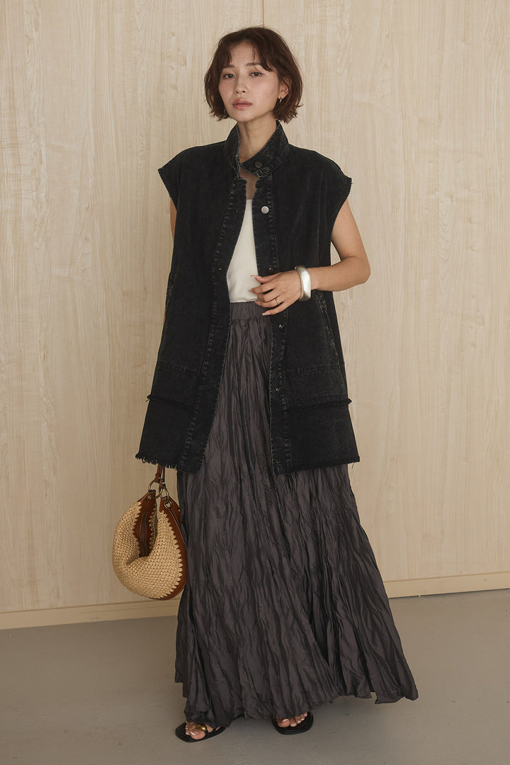 [SET]ケミカルデニムヘムカットオフジレ+イレギュラープリーツイージースカート(2set)