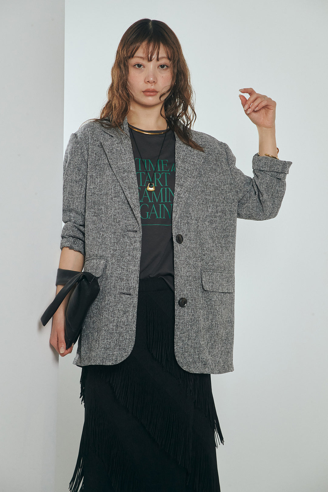 [SET]ミックスツイードベルト付きジャケット+斜めフリンジデザインスカート(2set)