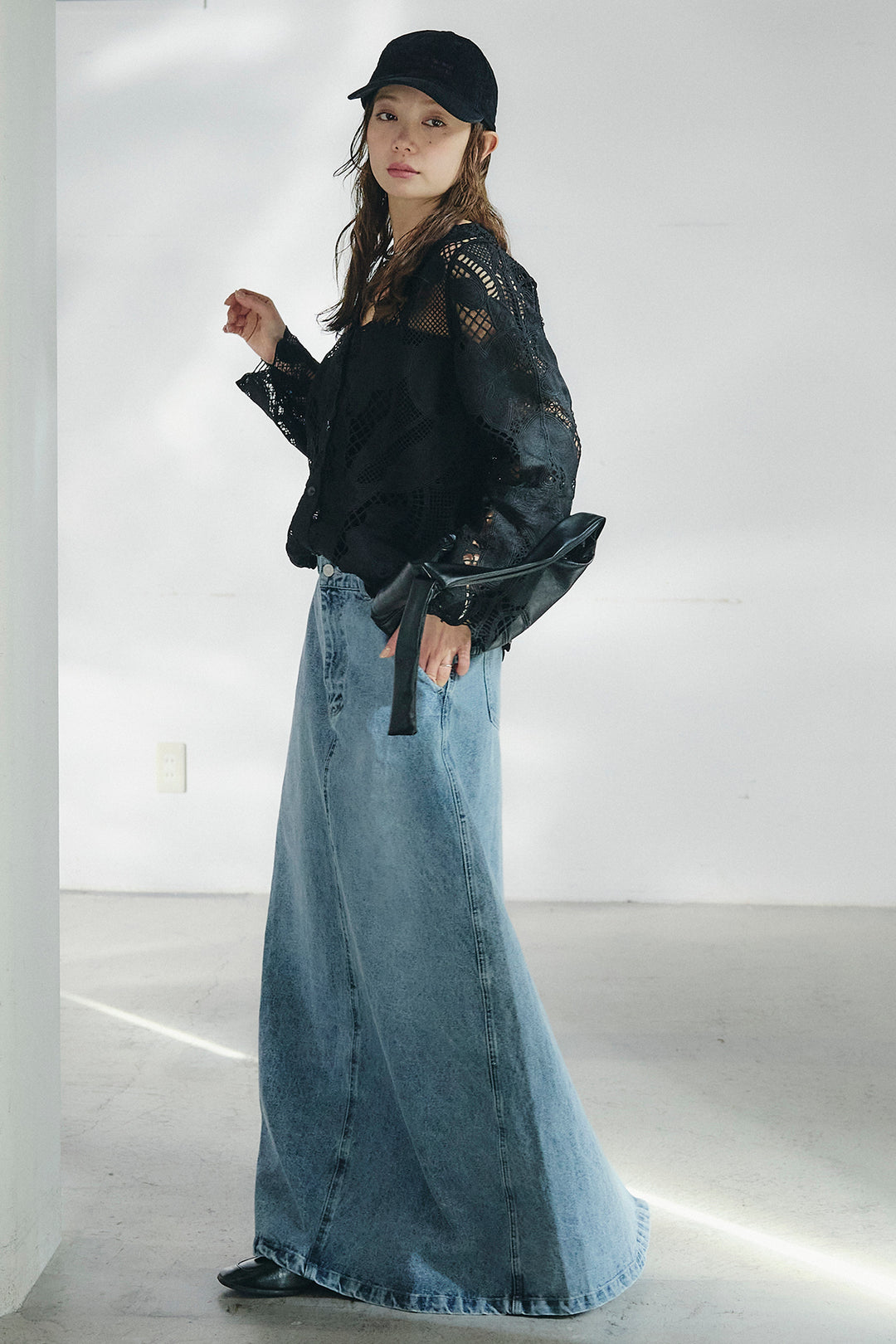 [SET]フラワー刺繍レースブラウス+デニムロングフレアスカート(2set)