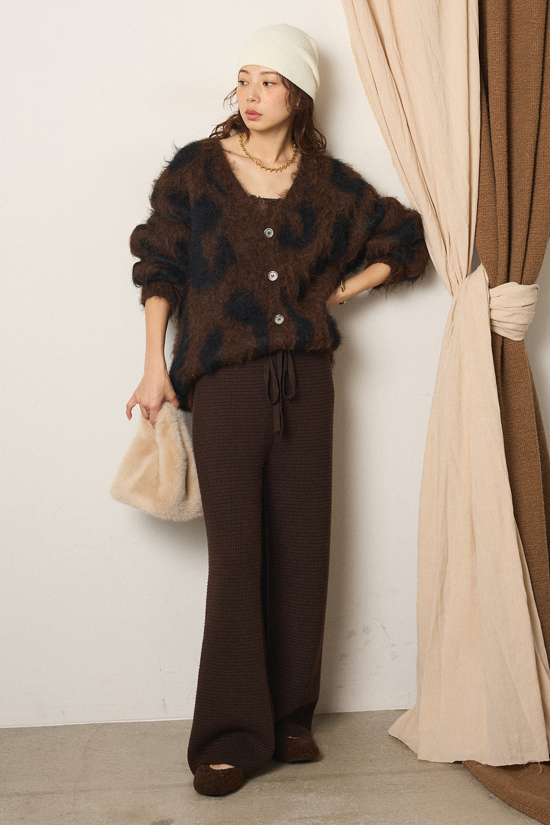 [SET]レオパードシャギータッチカーディガン+ワイドリブニットイージーパンツ(2set)