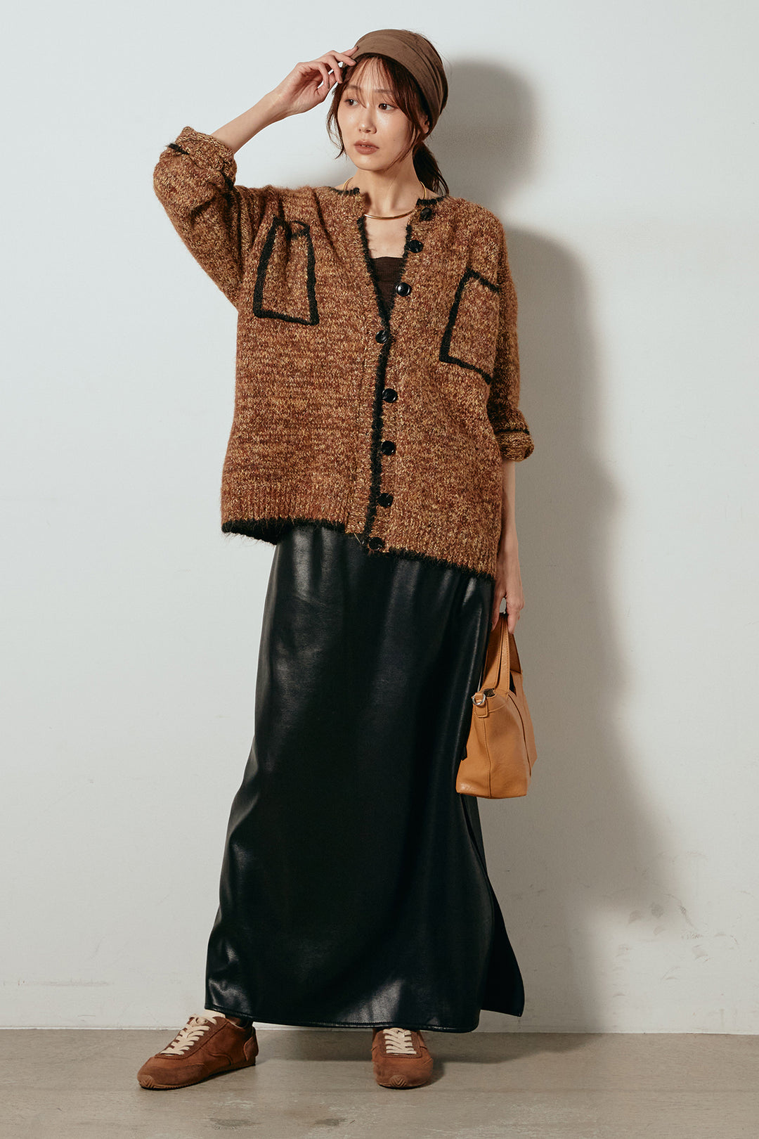 [SET]ミックスニットポケットカーディガン+紐付きフェイクレザーワイドスカート(2set)