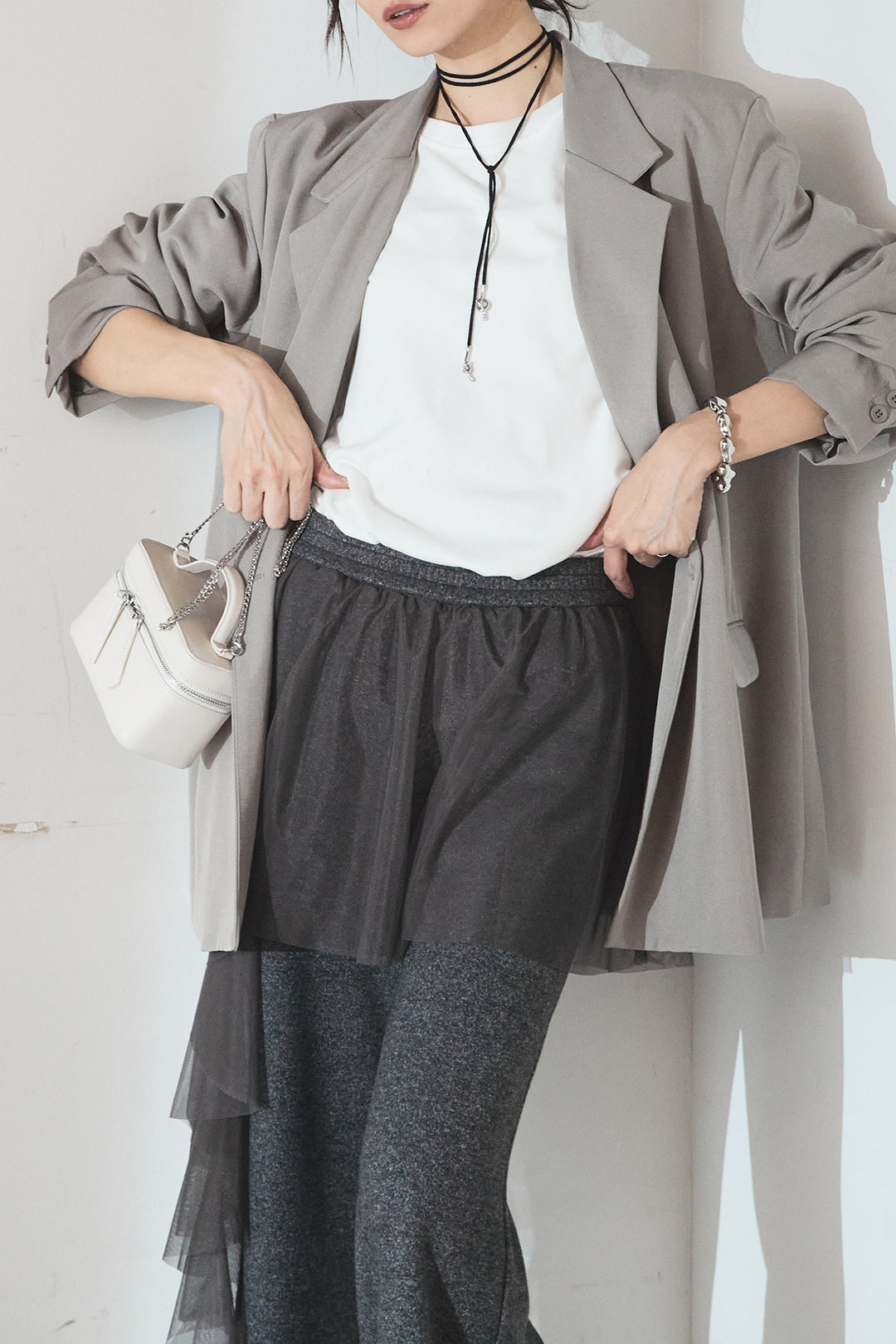 [SET]ルーズシルエットダブルテーラードジャケット+ストレッチロングTシャツ+チュールレイヤードニットパンツ(3set)