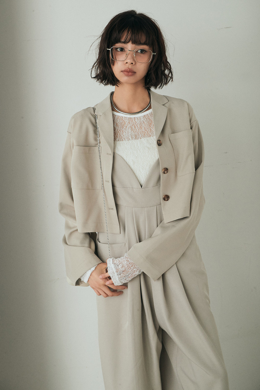 [SET]バックジップデザインショートツイルジャケット+キャミロングオールインワン(2set)