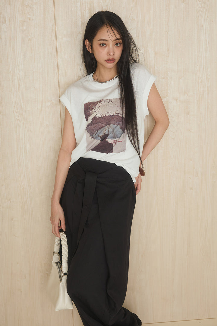 [SET]スクエアニュアンス柄Tシャツ+前結びタックワイドパンツ(2set)