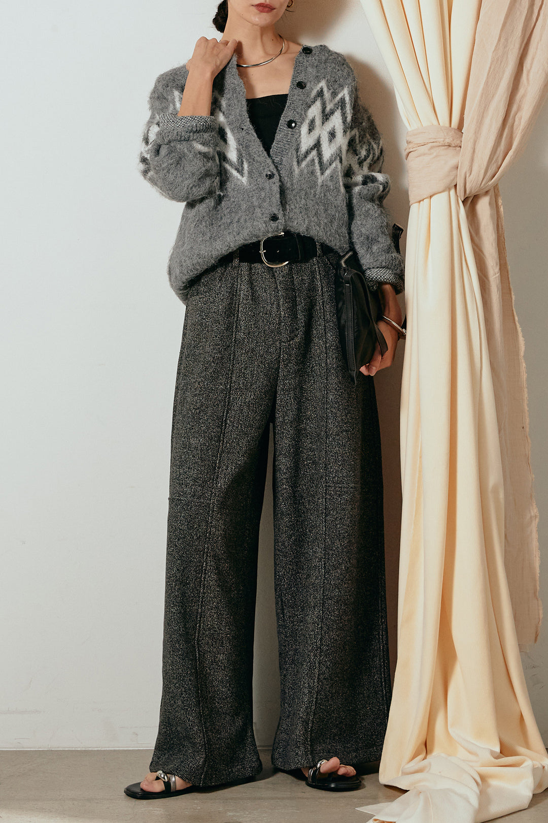 [SET]起毛ノルディック柄ニットカーディガン+太ベルト付きツイードワイドパンツ(2set)