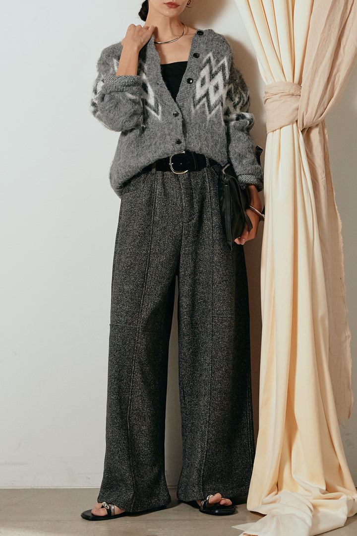 [SET]起毛ノルディック柄ニットカーディガン+太ベルト付きツイードワイドパンツ(2set)