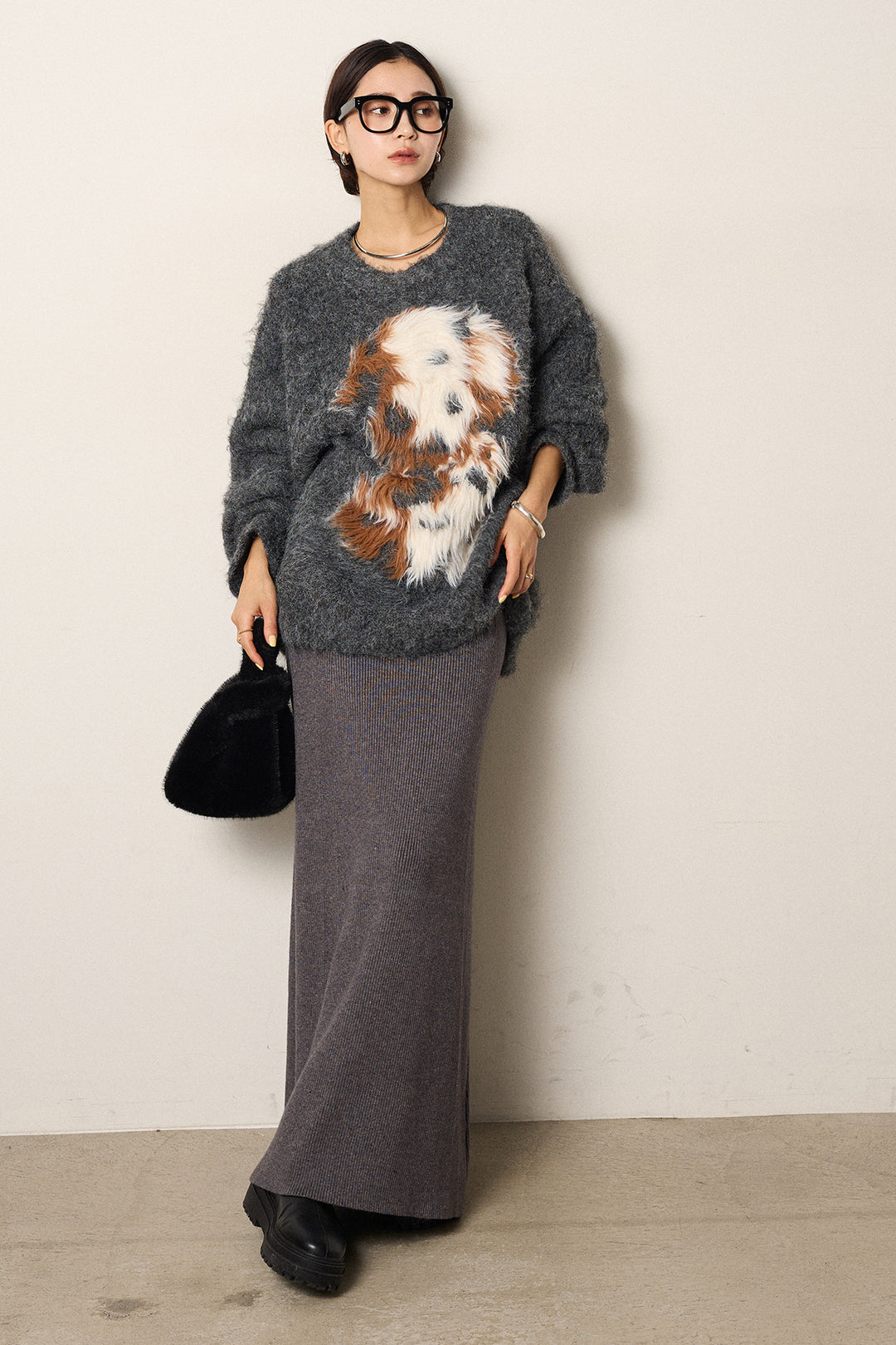 [SET]シャギーニュアンスアニマルニット+リブナローニットスカート(2set)