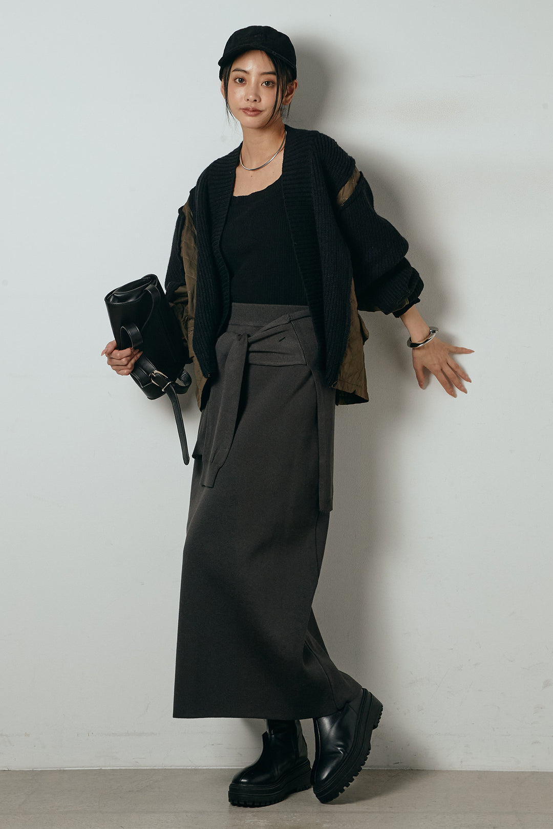 [SET]キルティング切り替えニットカーディガン+ウエストラップ巻きニットスカート(2set)