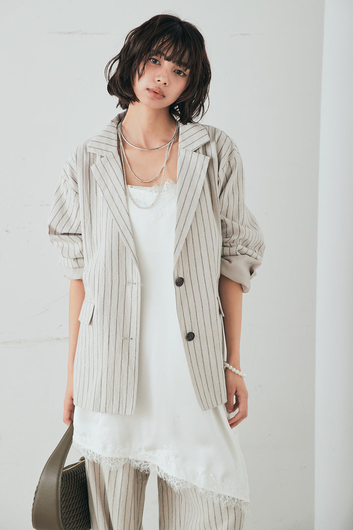 [SET]リネンライクストライプテーラードジャケット+リネンライクストライプタックイージーパンツ+サテンレースアシメキャミ(3set)
