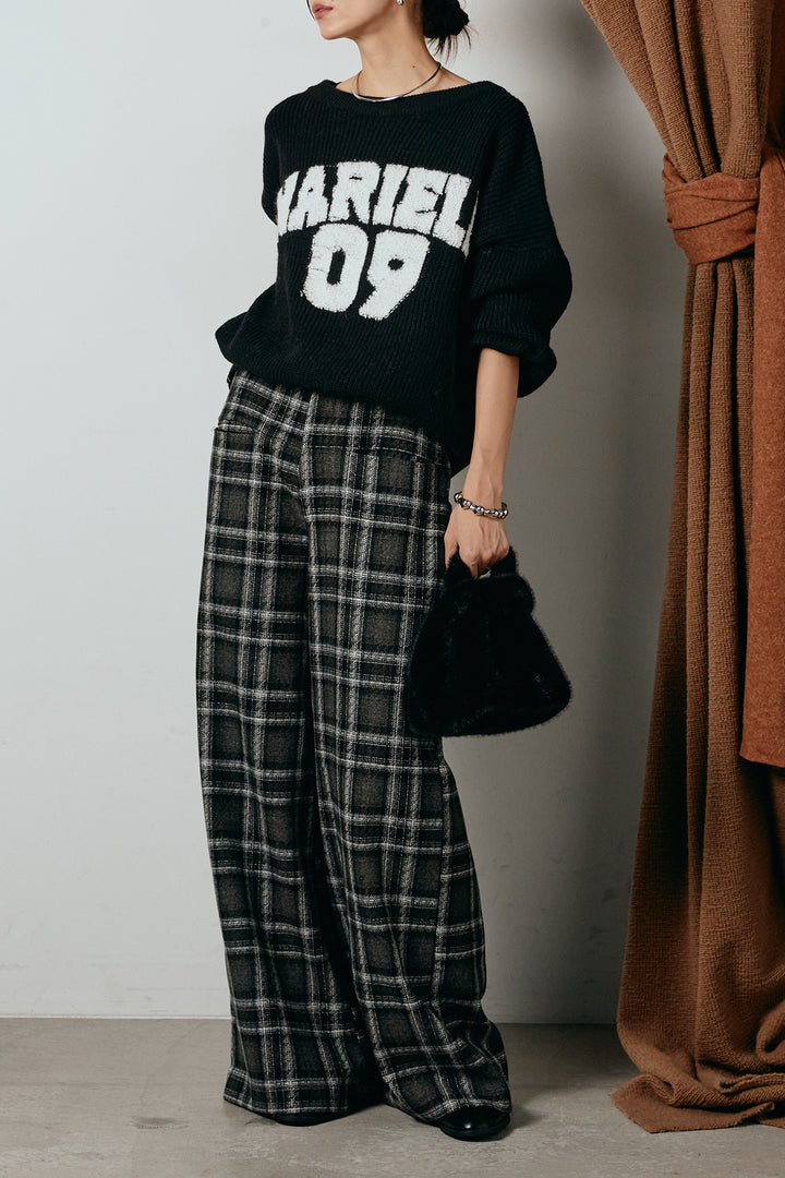 [SET]ロゴジャガードニットトップス+ルーズタータンチェックワイドパンツ(2set)