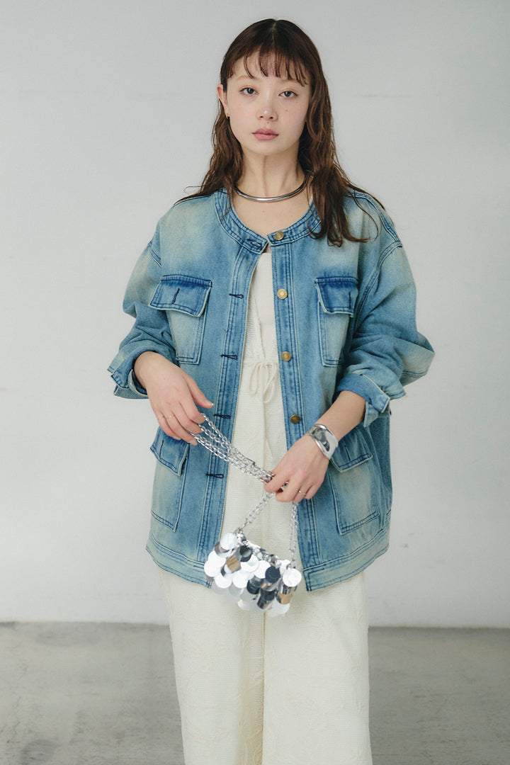 [SET]ノーカラーデニムポケットジャケット+レースサロペット(2set)