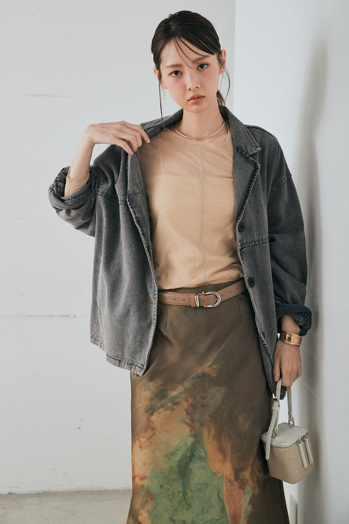 [SET]オーバーデニムジャケット+ニュアンス柄サテンスカート(2set)