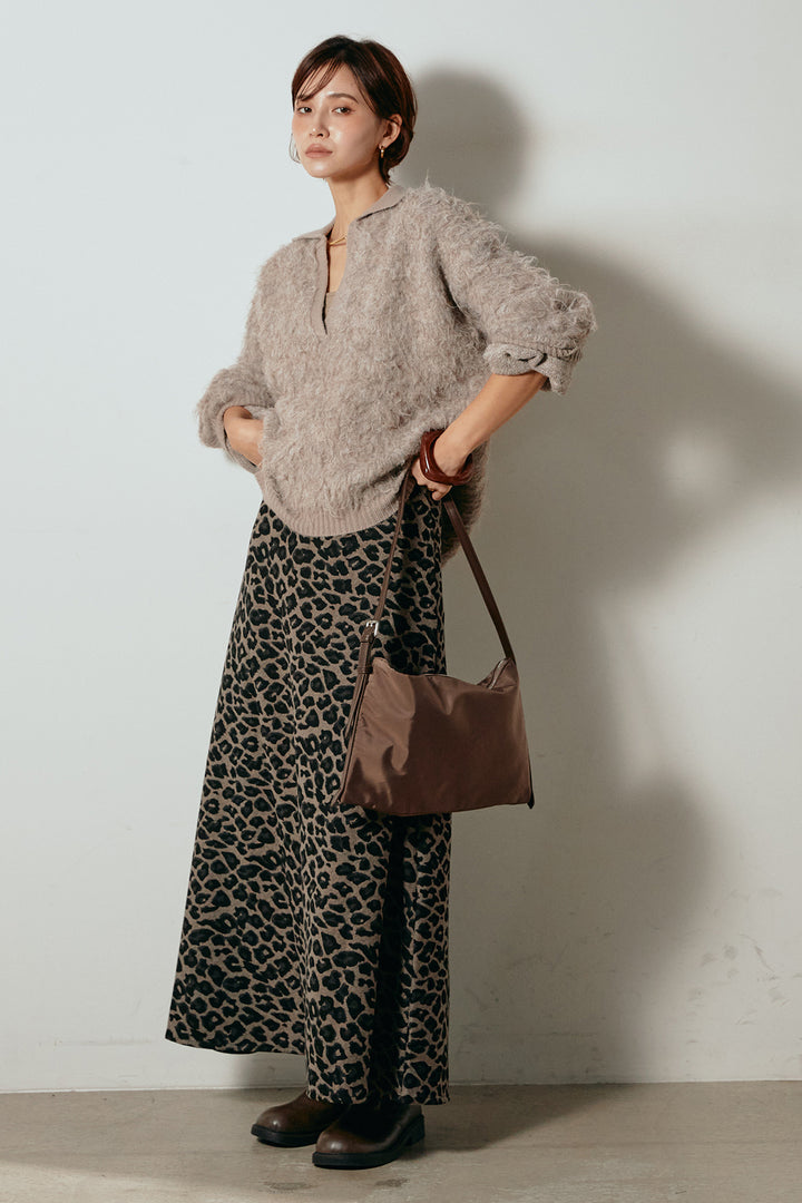 [SET]襟付きシャギーニットポロトップス+レオパードロングスカート(2set)