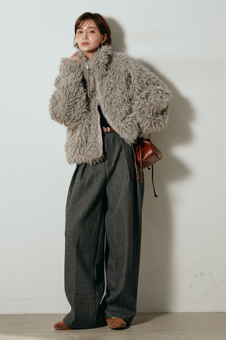 [SET]ミックスシープファースタンドブルゾン+フェイクウールタックトラウザーズパンツ(2set)