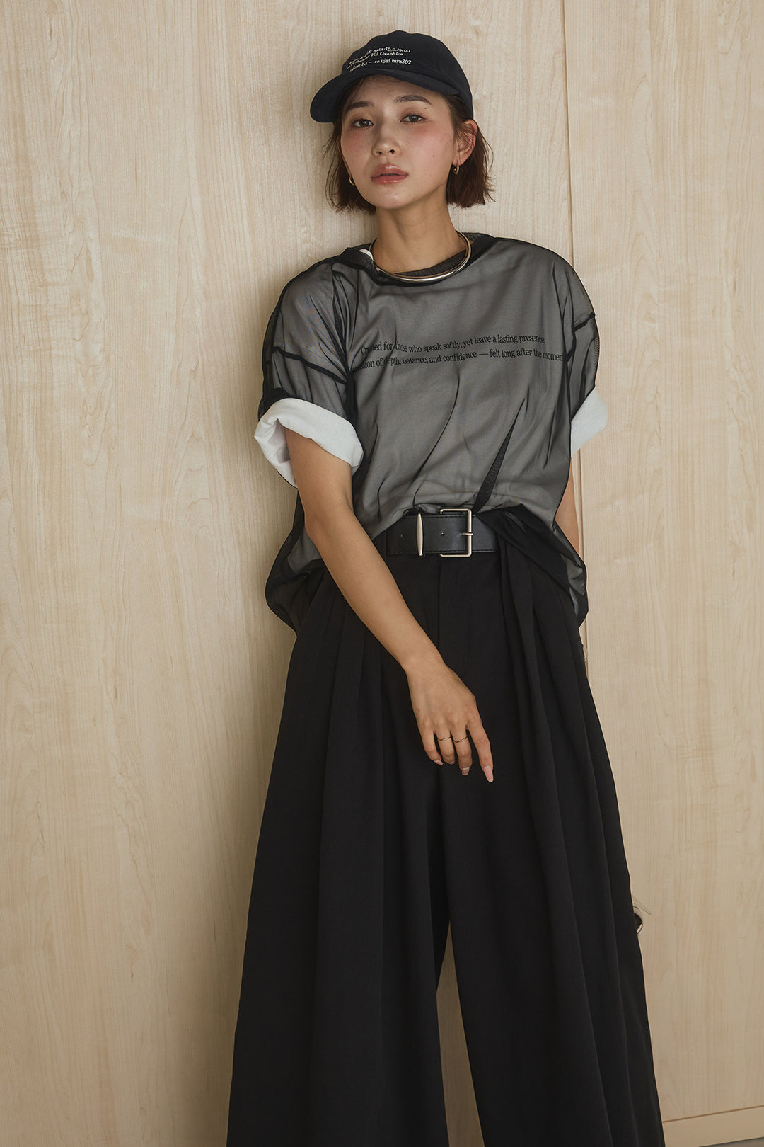 [SET]綿天竺Tシャツ×チュールトップス+ベルト付きビックループワイドパンツ(2set)