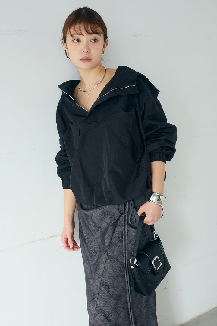 [SET]ナイロンフーディーブルゾンアウター+タータンチェック柄フロントデザインスカート(2set)