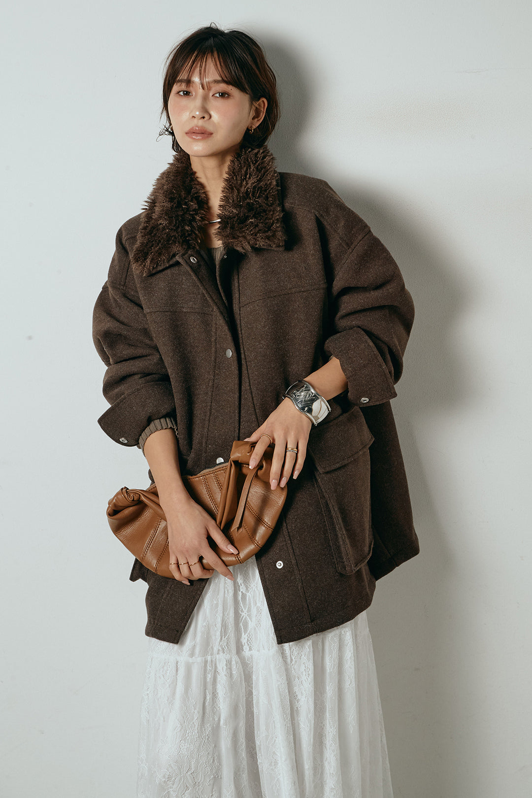 [SET]エコウール衿ファー薄中綿入りミドルカバーオール+ひげレース切替ロング丈スカート(2set)