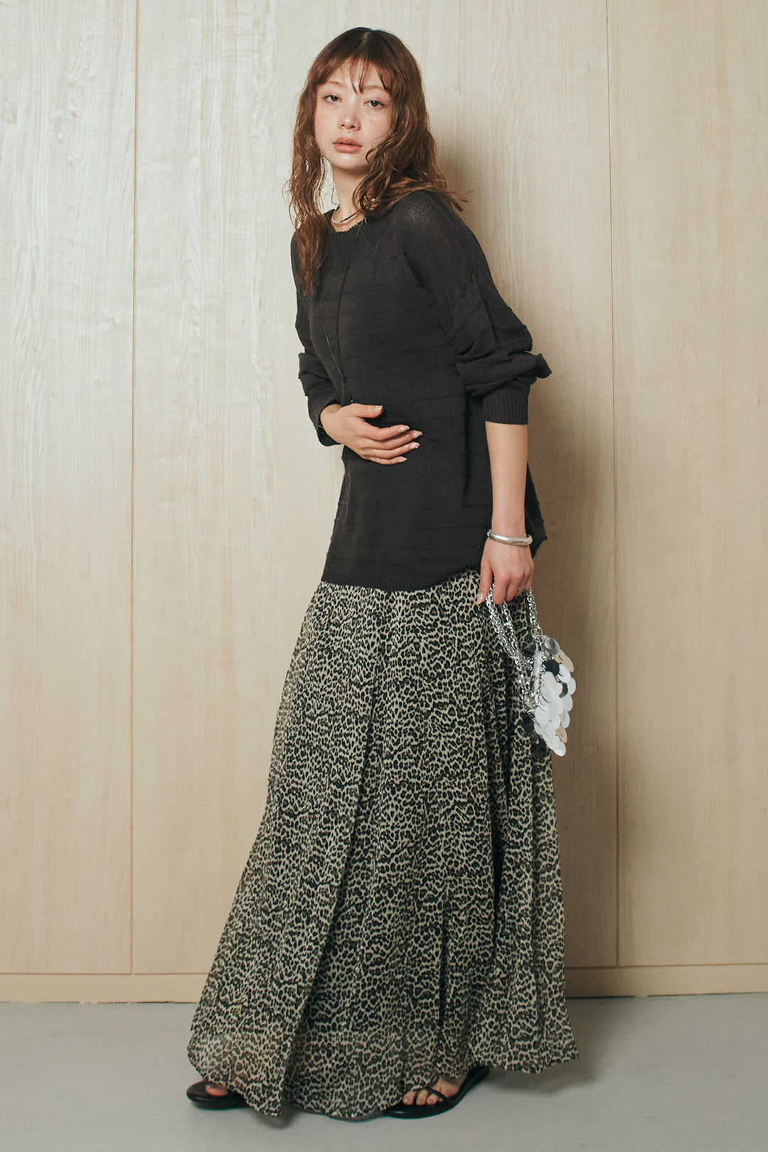 [SET]麻混リラックスニットトップス+リラックスレオパードロングスカート(2set)