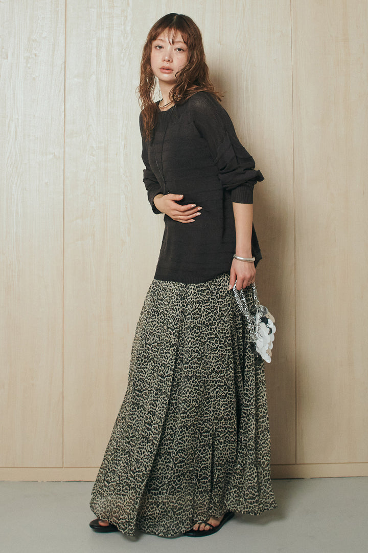 [SET]麻混リラックスニットトップス+リラックスレオパードロングスカート(2set)