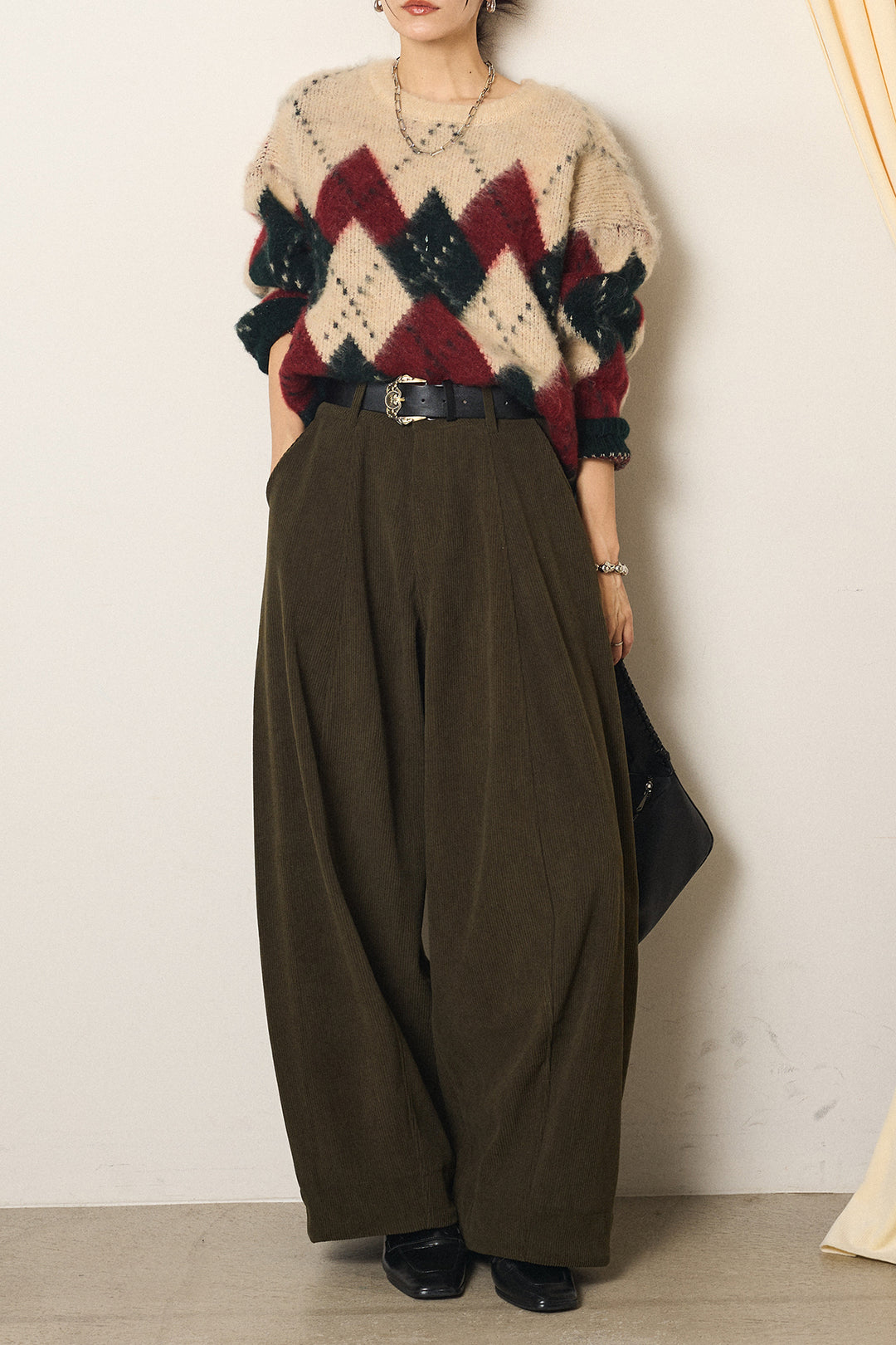 [SET]配色アーガイル柄ニットトップス+ベルト付きコーデュロイワイドパンツ(2set)