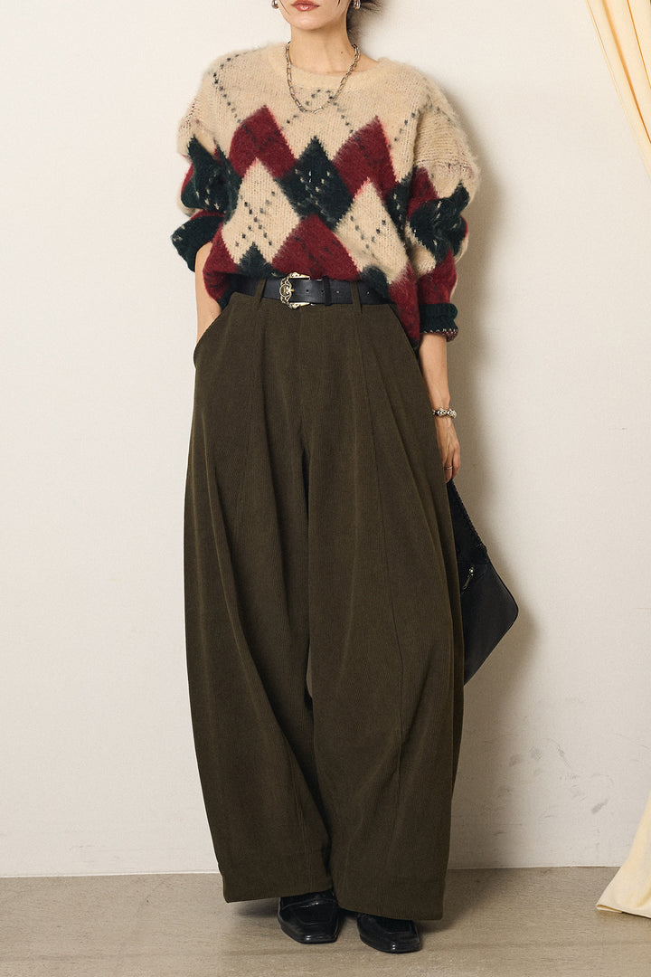 [SET]配色アーガイル柄ニットトップス+ベルト付きコーデュロイワイドパンツ(2set)