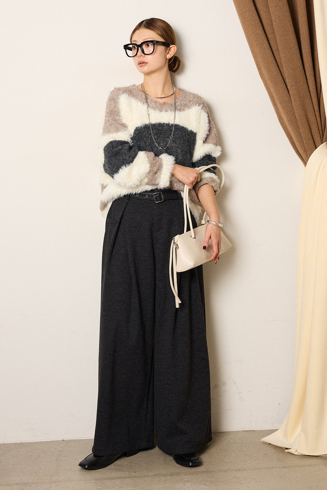 [SET]シャギーウェーブ柄クルーネックニットトップス+細ベルト付き起毛タックワイドパンツ(2set)