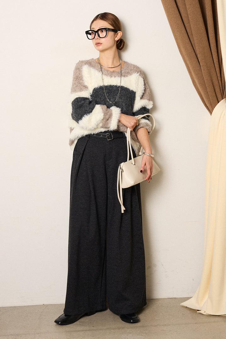 [SET]シャギーウェーブ柄クルーネックニットトップス+細ベルト付き起毛タックワイドパンツ(2set)