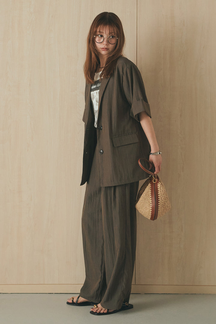 [SET]リネンライクテーラードハーフスリーブジャケット+リネンライク2タックワイドパンツ+半袖モノトーングラフィックトップス(3set)