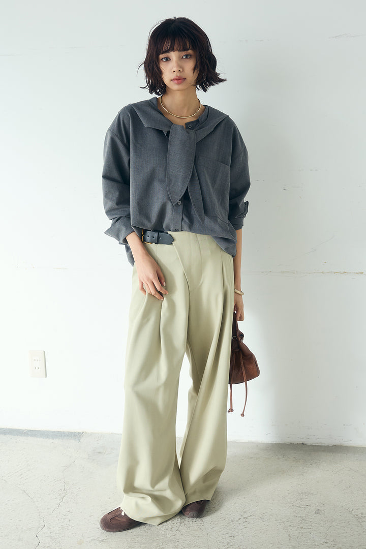 [SET]無地タイ付フーディーBIGシャツ+サイドベルトタック入りスラックス(2set)