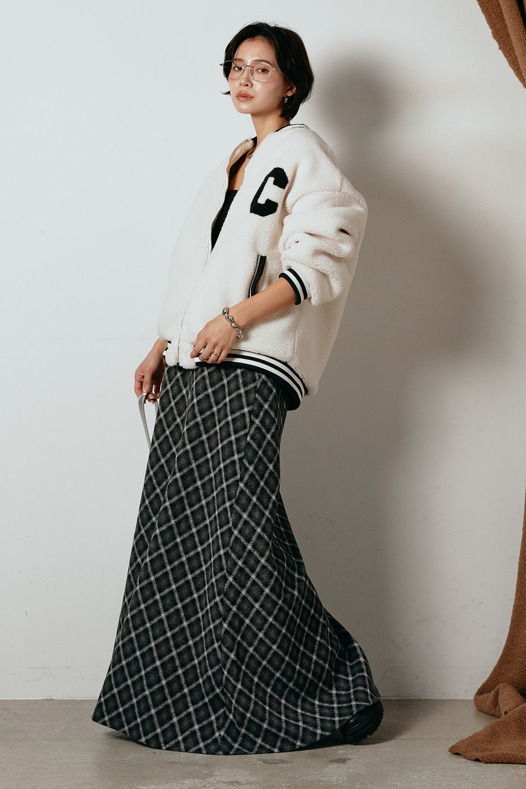 [SET]ロゴスタジャンボアブルゾン+フロッキー起毛チェックスカート(2set)