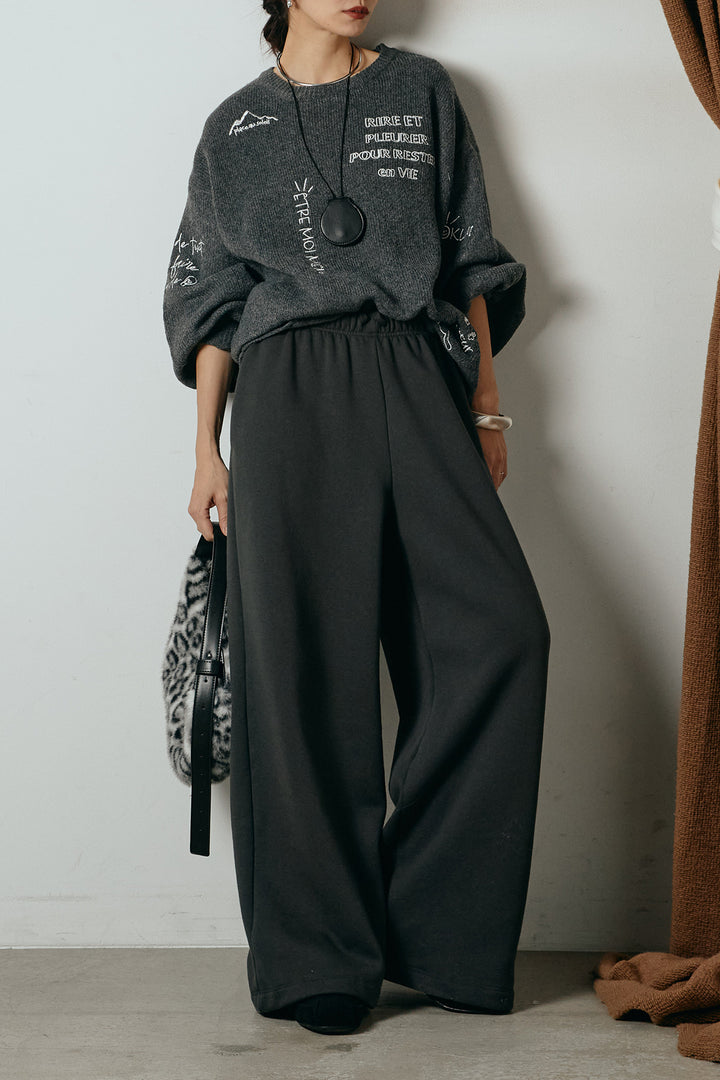 [SET]刺繍ロゴランダムデザインニットトップス+裏起毛スウェットワイドパンツ(2set)