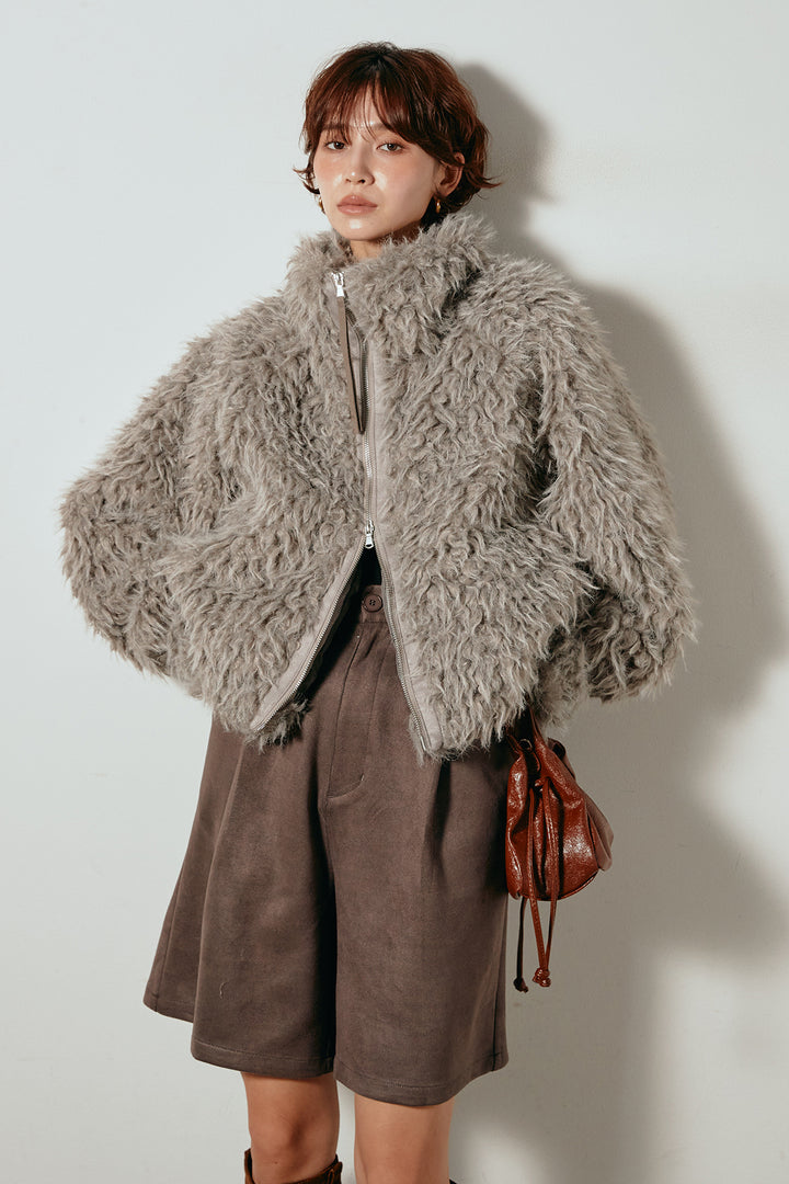 [SET]ミックスシープファースタンドブルゾン+フェイクスウェードハーフパンツ(2set)