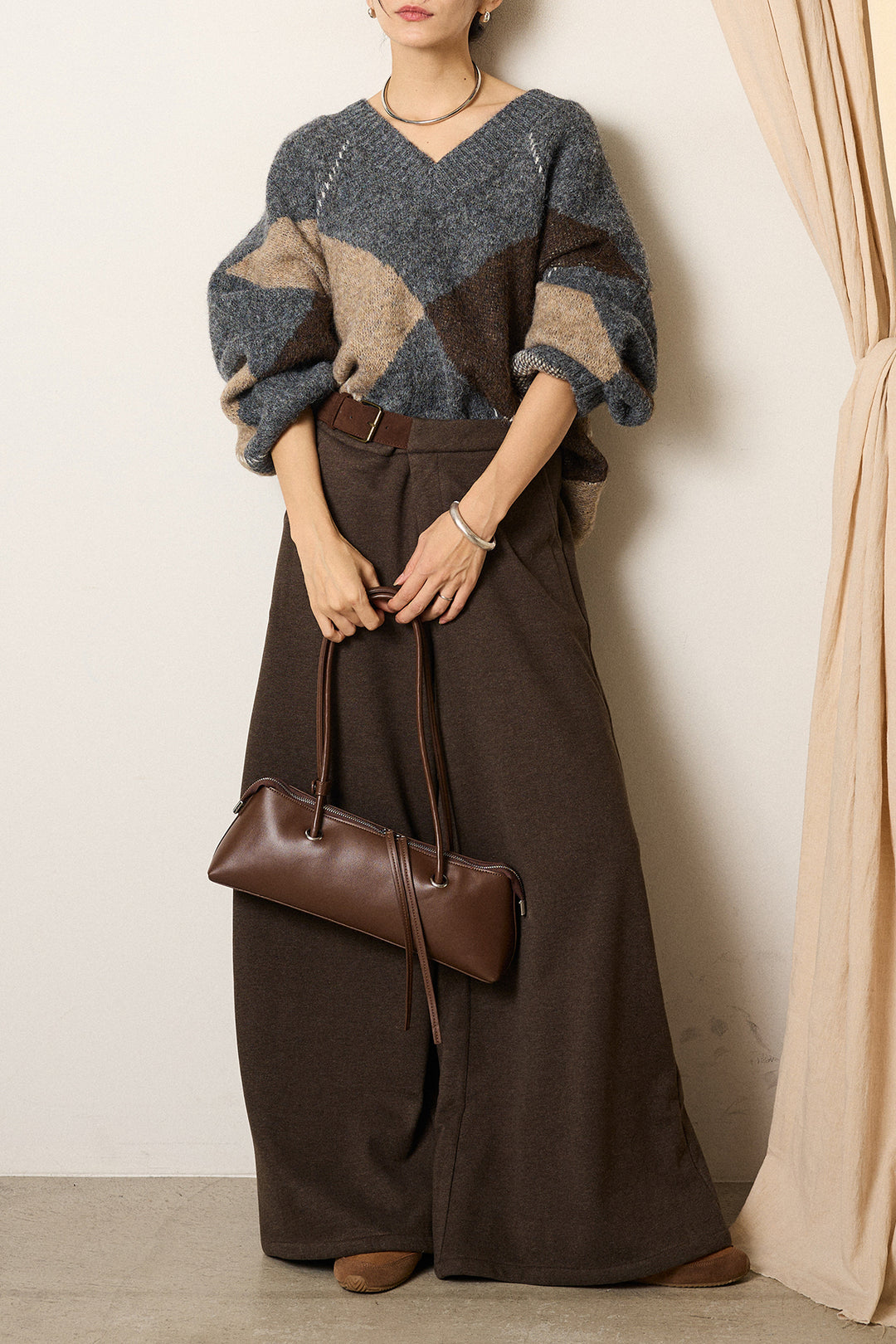 [SET]ルーズアーガイルVネックニット+サイドベルトパンツ(2set)