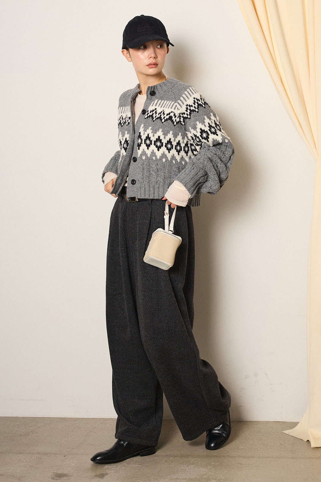 [SET]2WAY求心柄ジャガードショートカーディガン+起毛タック入りツイードワイドパンツ(2set)