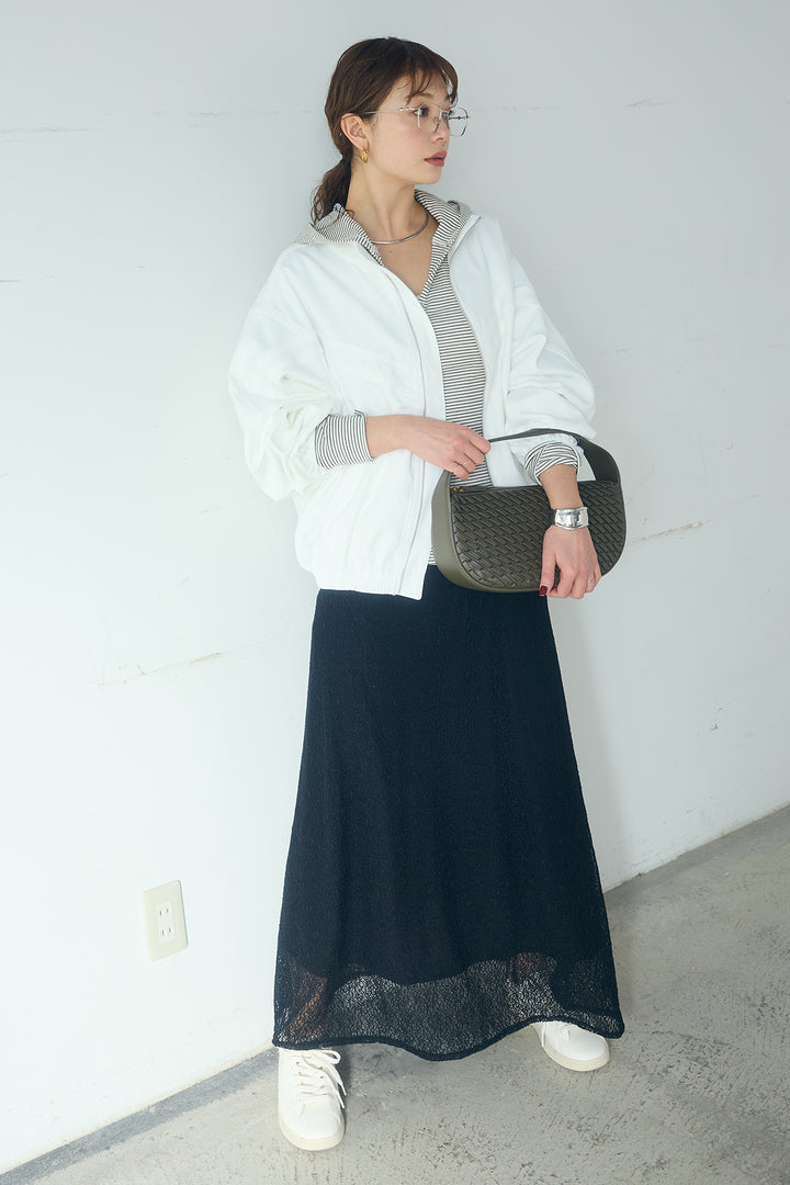 [SET]マルチ切り替えドルマンブルゾン+メッシュ刺繍ロングスカート+ボーダーフーディーロンT(3set)