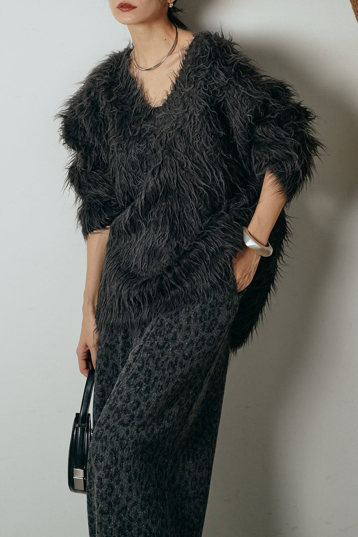 [SET]深Vネックシャギーニットトップス+リラックスレオパード柄ワイドパンツ(2set)