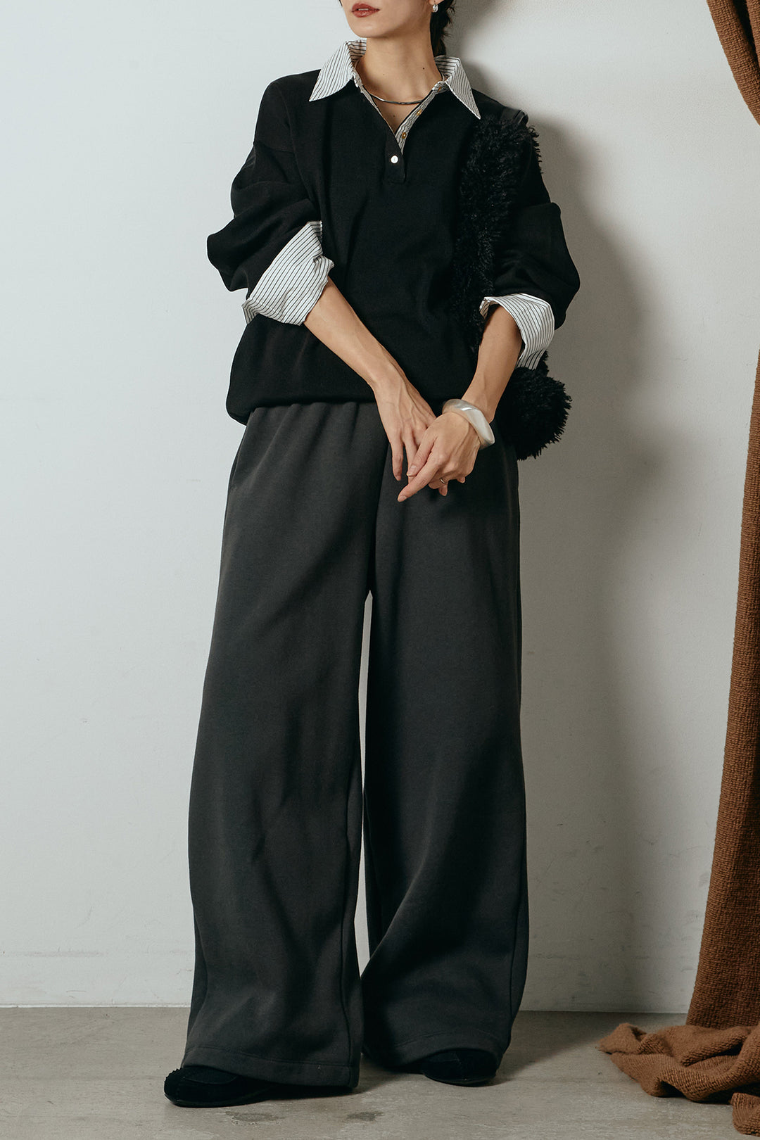 [SET]ストライプシャツドッキングポロトップス+裏起毛スウェットワイドパンツ(2set)