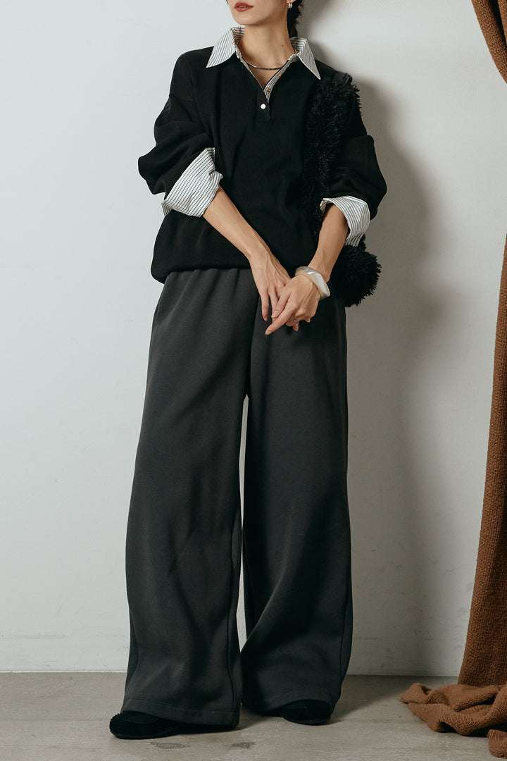 [SET]ストライプシャツドッキングポロトップス+裏起毛スウェットワイドパンツ(2set)