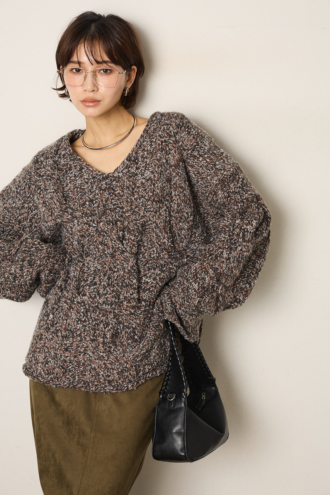 [SET]Vネックミックス編みニットトップス+スウェードライク裾フリンジスカート(2set)