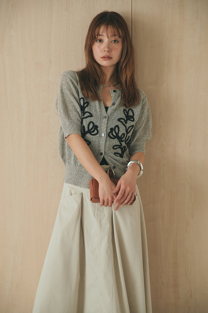 [SET]フロントテープデザイン半袖カーディガン+ミリタリーツイルタックフレアスカート(2set)