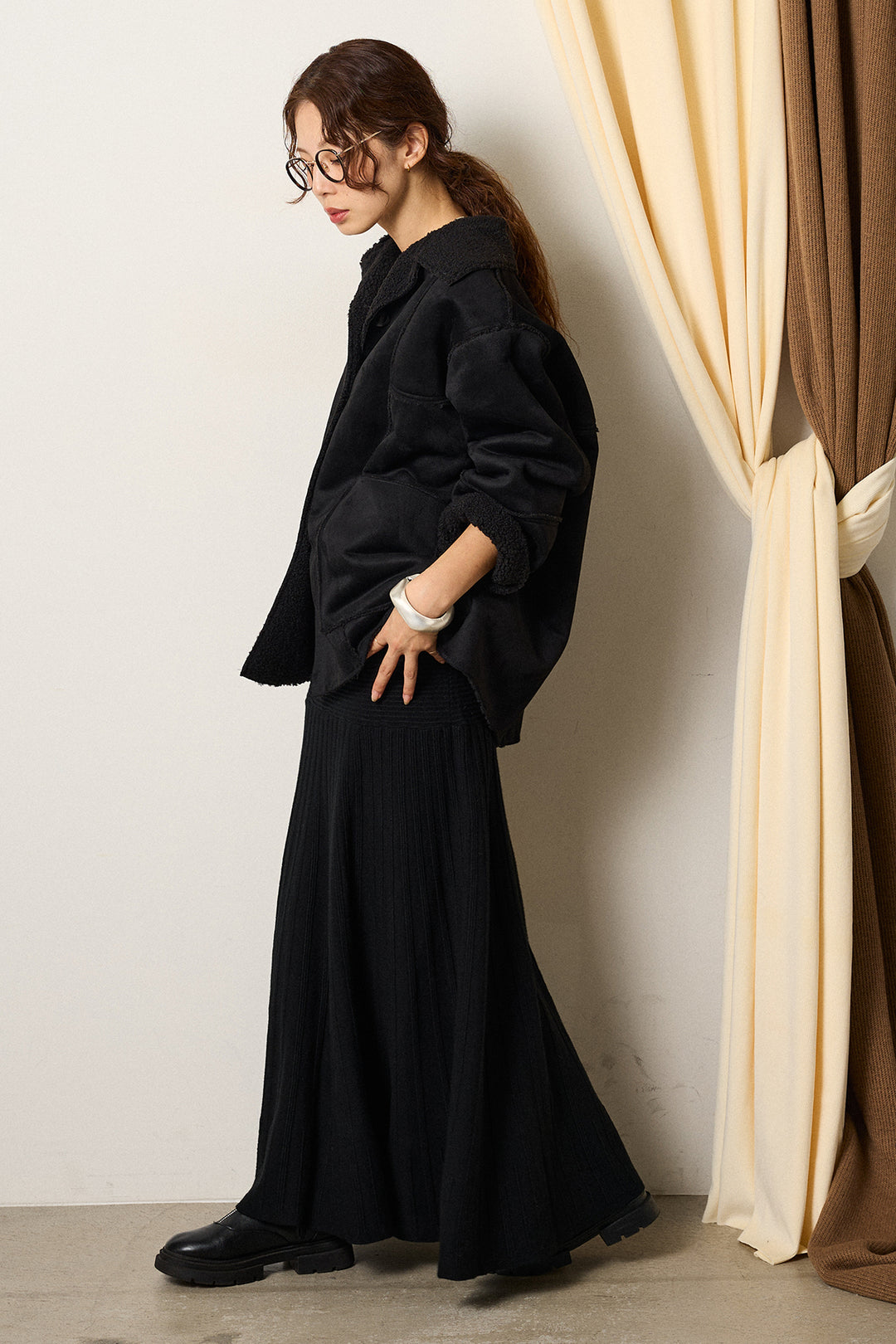 [SET]エコムートンカバーオール+編み地切り替えフレアニットスカート(2set)