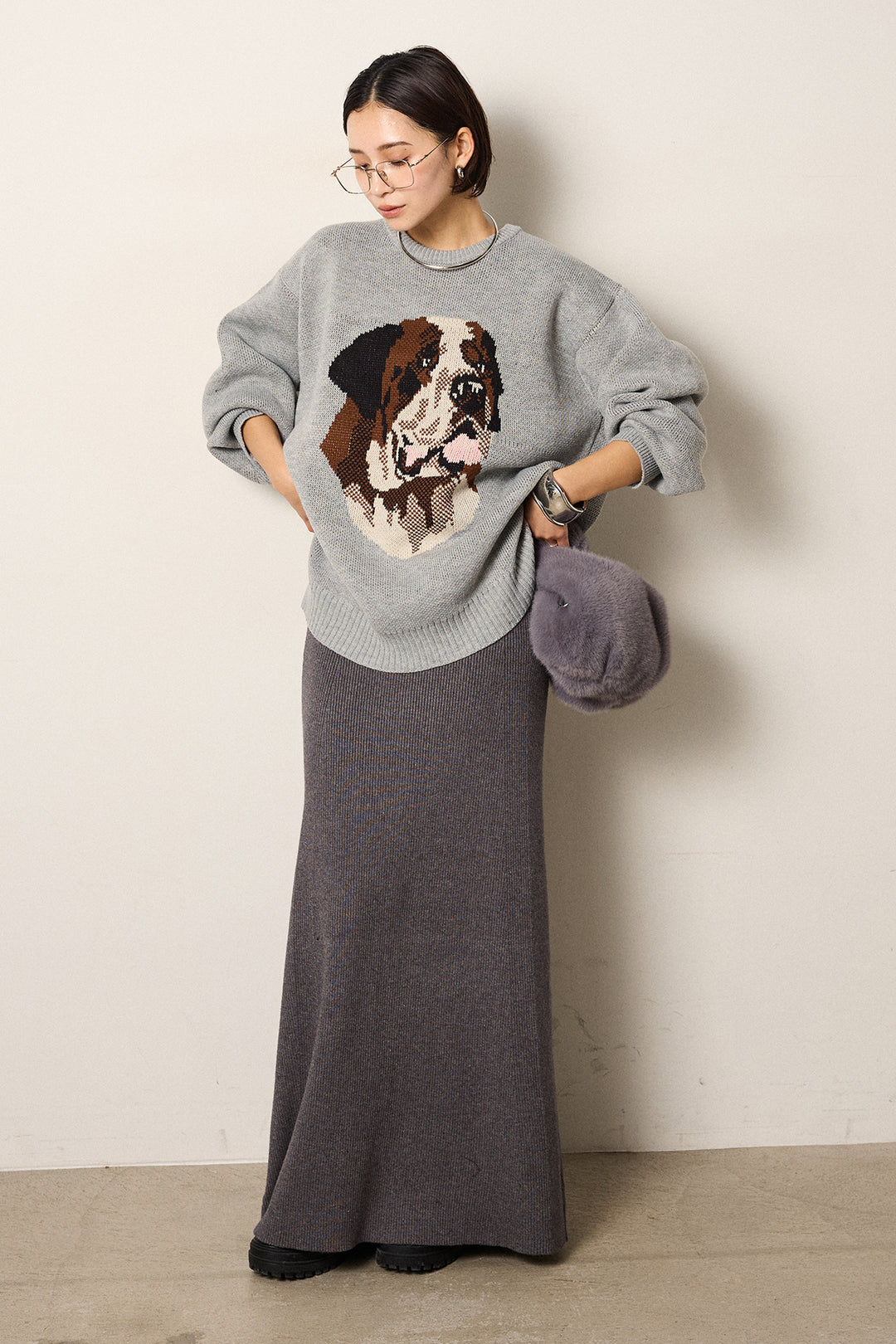 [SET]アニマルジャガード柄ニットトップス+リブナローニットスカート(2set)