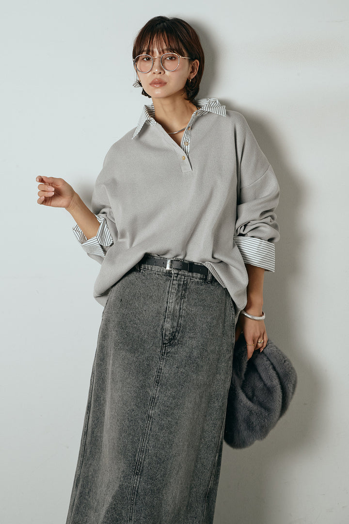 [SET]ストライプシャツドッキングポロトップス+デニムロングフレアスカート(2set)