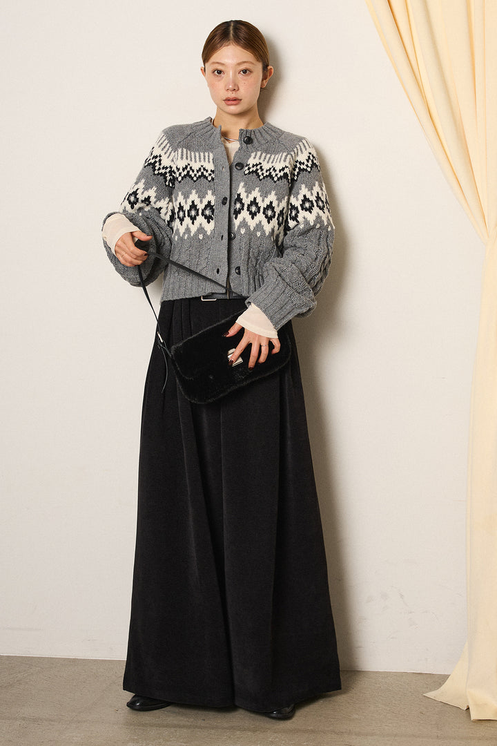 [SET]2WAY求心柄ジャガードショートカーディガン+ベルトループコーデュロイワイドパンツ+2WAY袖コード刺繍クルーネックプルオーバー(3set)