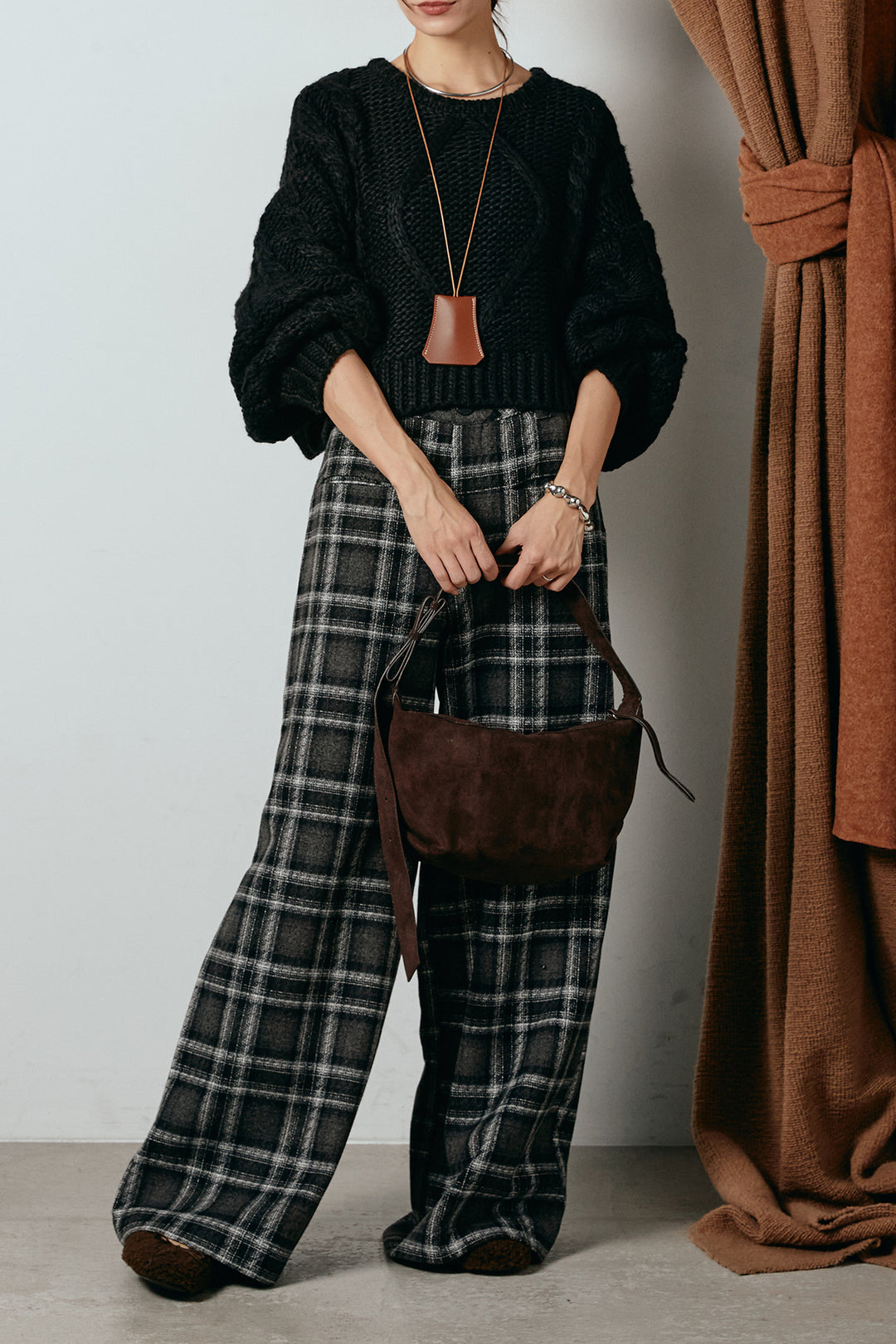 [SET]ロービングケーブルショート丈プルオーバー+ルーズタータンチェックワイドパンツ(2set)